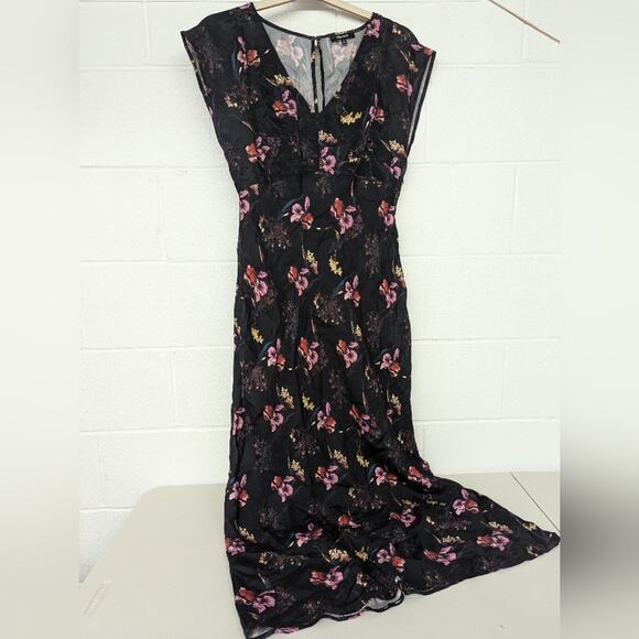 new Madewell Wide V-Neck Midi Dress floral black sz10 Printed Side Slit Sexy - Picture 4 of 12